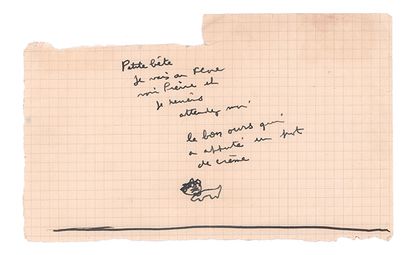 PREVERT Jacques (1900-1977) 
Autograph ticket addressed to Claudy CARTER.
S.d., ½...