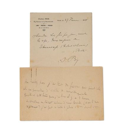 PROUST Marcel (1871-1922) 
Billet de PROUST malade, avec une ordonnance du Dr BIZE.
S.d....