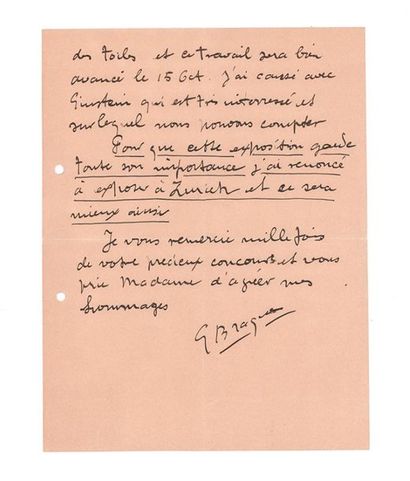 BRAQUE Georges (1882-1963) 
Signed autograph letter addressed to a stranger.
Varangeville,...
