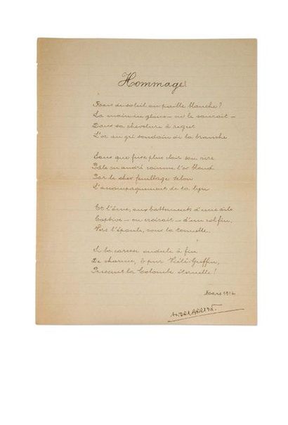 BRETON André (1896-1966) 
Tribute, autograph poem signed.
March 1914, 1 page in-8...
