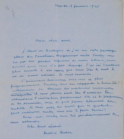 BRETON André (1896-1966) Autograph correspondence signed by André BRETON addressed...