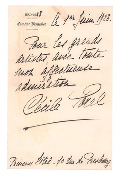 SOREL CÉCILE (1873-1966) 
Two signed autograph letters addressed to Mr. and Mrs....