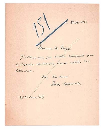 SUPERVIELLE JULES (1884-1960) 
Lettre autographe signée adressée à «Messieurs les...