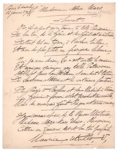 UTRILLO Maurice (1883-1955) 
Autograph poem signed.
Paris, January 16, 1927, 1 page...