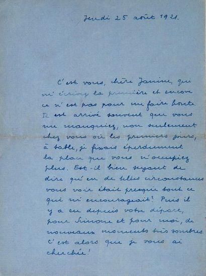 BRETON André (1896-1966) 
Signed autograph letter addressed to Janine Kahn.
S.l.,...