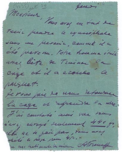 VORONOFF Alexandre (1881-1944) 
Télégramme autographe signé adressé à la «Ménagerie...