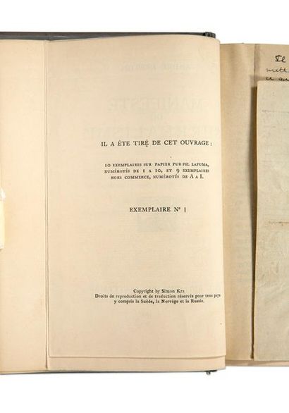 BRETON André (1896-1966) 
Manifeste du Surréalisme. Poisson Soluble, édition originale.
Paris,...