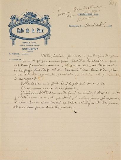 ARAGON Louis (1897-1982) 
Monogrammed autograph letter addressed to Denise LÉVY.
Meuse,...