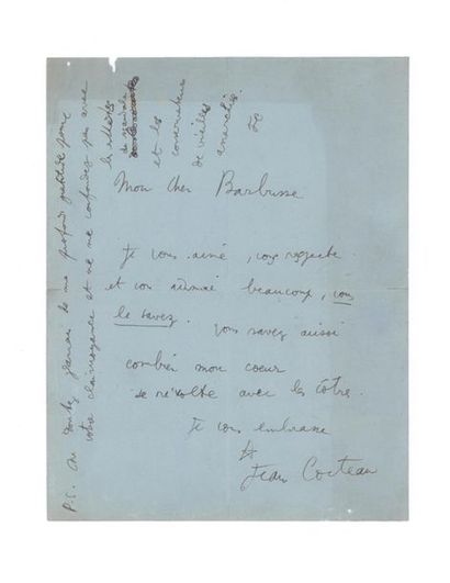COCTEAU Jean (1889-1963) 
Lettre autographe signée adressée à Henry BARBUSSE.
S....