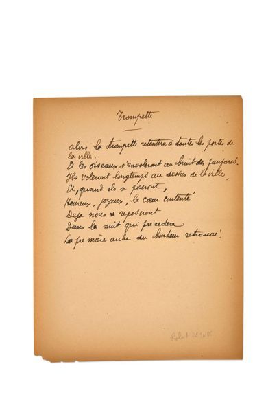 DESNOS Robert (1900-1945) 
Trumpet, autograph manuscript.
S.l.n.d., 1 page in-4 in...