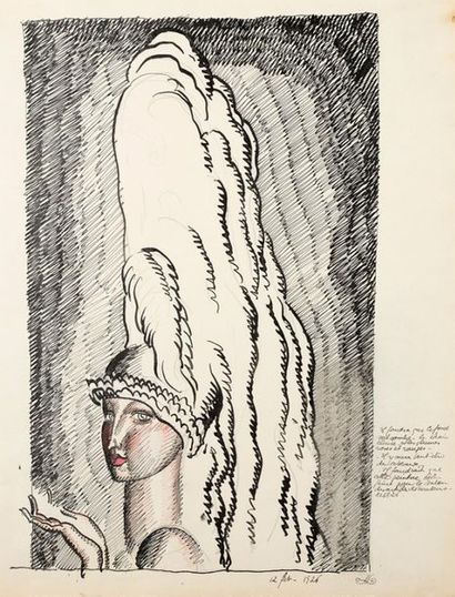 DUPAS JEAN (1882-1964) «Jeune femme à la grande coiffe».
Dessin sur papier et encre...