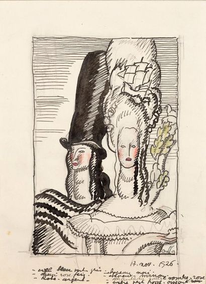 DUPAS JEAN (1882-1964) «Couple de femmes aux grands chapeaux».
Dessin sur papier...