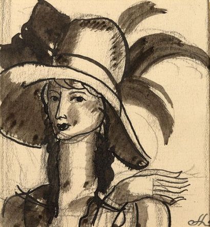 DUPAS JEAN (1882-1964) "Elegant in the hat." 1928. Charcoal drawing, watercolour...
