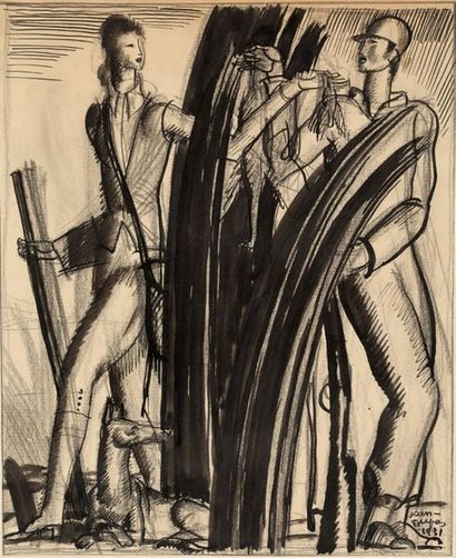 DUPAS JEAN (1882-1964) «Couple de chasseuses».
Dessin sur papier à l'encre de Chine...