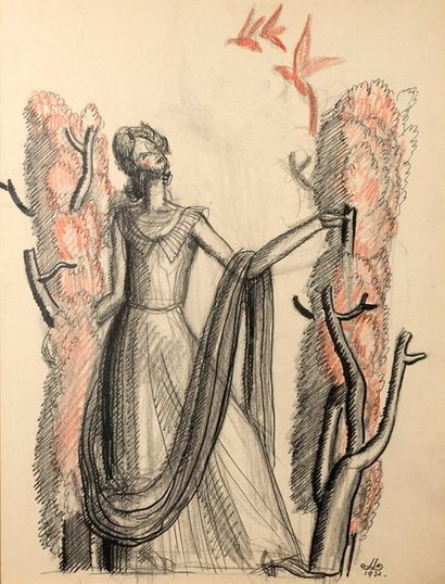 DUPAS JEAN (1882-1964) «Jeune femme aux arbres rouges».
Dessin sur papier au fusain,...