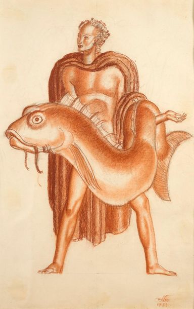 DUPAS JEAN (1882-1964) "Character and sea creature".
Drawing on sanguine paper, monogrammed...