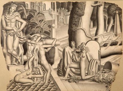 DUPAS JEAN (1882-1964) "The Bath".
Nice charcoal drawing on paper cut and pasted...