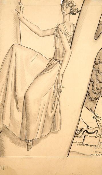 DUPAS JEAN (1882-1964) «Figure héraldique».
Dessin sur papier au fusain et encre...
