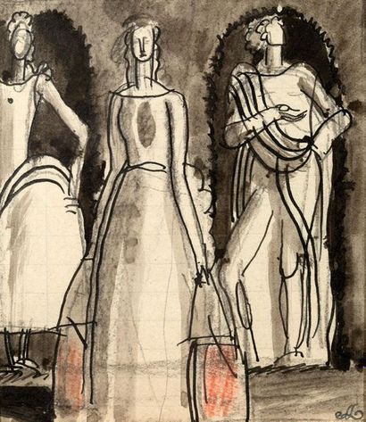 DUPAS JEAN (1882-1964) "Three women in a garden."
Drawing on charcoal paper, watercolour...