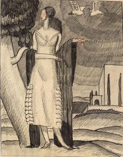 DUPAS JEAN (1882-1964) «Jeune femme dans la campagne».
Dessin sur papier à l'encre...