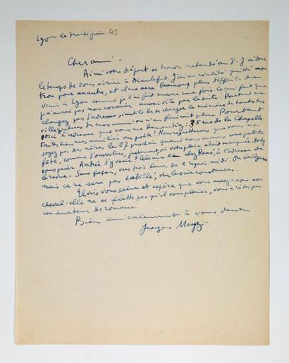 ARAGON Louis (1897-1982) 
Autograph letter signed "Georges Meyz".
Lyon, "le trente...