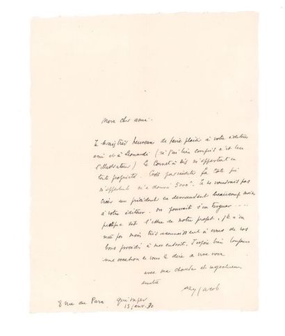 JACOB Max (1876-1944) 
Trois lettres autographes signées adressées à Ad. AYNAUD.
Paris...