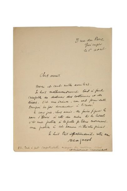 JACOB Max (1876-1944) 
Signed autograph letter addressed to his "Dear Friends".
Quimper,...