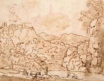 Ecole italienne du XVIIe siècle Landscape with river
Plume and brown ink, wash
17...