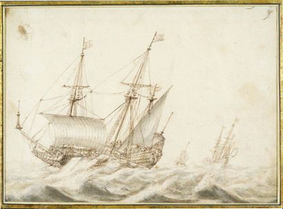 WILLEM VAN DE VELDE L'ANCIEN (LEYDE, 1610 - LONDRES, 1693) Ships on rough
seas Around...