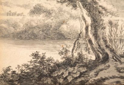 École HOLLANDAISE du XVIIIe siècle Paysage pastoral
Plume et lavis gris
13,3 x 19,6...