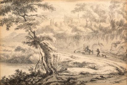 École HOLLANDAISE du XVIIIe siècle Paysage pastoral
Plume et lavis gris
13,3 x 19,6...