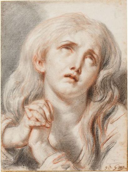 JEAN-BAPTISTE GREUZE (TOURNUS, 1725 - 1805) Tête d'expression: jeune fille suppliante
Sanguine,...