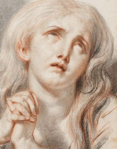 JEAN-BAPTISTE GREUZE (TOURNUS, 1725 - 1805) Tête d'expression: jeune fille suppliante
Sanguine,...