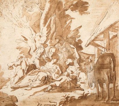 ATTRIBUÉ À GIANDOMENICO TIEPOLO (VENISE, 1727 - 1804) Nativité
Encre brune et lavis
25...