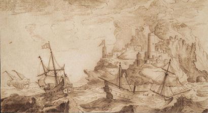 ENTOURAGE DE BONAVENTURA PEETERS (ANVERS, 1614-1652) Navires dans la tempête près...