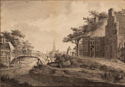 THEODOR VERRYCK (HAARLEM, 1734 - LA HAYE, 1786) Village animé près d'une rivière
Plume,...