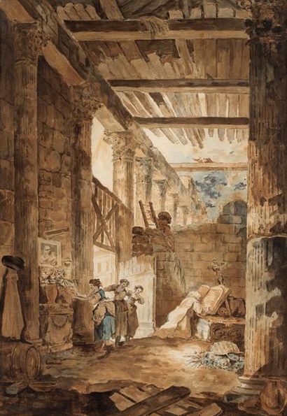 Hubert ROBERT (Paris, 1733 - 1808) Un ermite priant dans les ruines d'un temple romain
Encre...