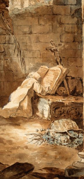 Hubert ROBERT (Paris, 1733 - 1808) Un ermite priant dans les ruines d'un temple romain
Encre...