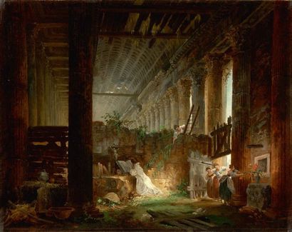 Hubert ROBERT (Paris, 1733 - 1808) Un ermite priant dans les ruines d'un temple romain
Encre...