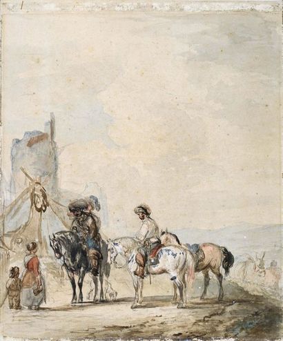 ATTRIBUÉ À ADRIAEN VAN DER KABEL (RIJSWIJK, 1631 - LYON, 1705) Cavalerie militaire
Aquarelle
48...