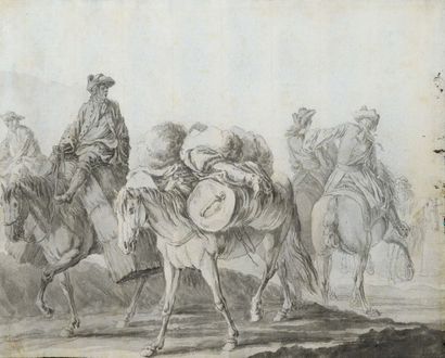 ATTRIBUÉ À PIETER VAN BLOEMEN (ANVERS, 1657 - 1720) Groupe de cavaliers portant des...