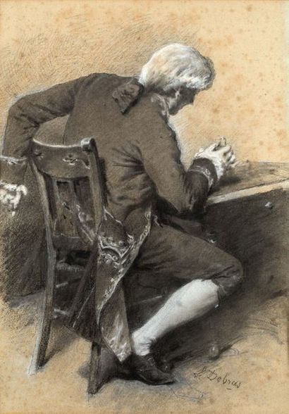 LOUIS DEBRAS (PÉRONNE, 1819 - PARIS, 1899) Etude pour un homme en costume du Directoire
Fusain...
