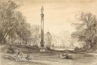 AUGUSTE ANASTASI (PARIS, 1820 - 1889) Les Jardins de Bagatelle
Pierre noire, plume...