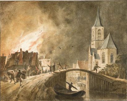 ATTRIBUÉ À JAN DE BEIJER (AARAU, 1703 - KLEVE, 1780) Incendie de nuit en ville
Encre,...