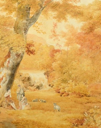 PIETER BARBIERS LE JEUNE (HAARLEM, 1798 - 1848) Shepherds in a park
Watercolour
32,2...