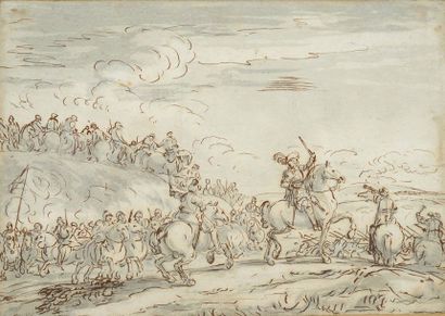 ATTRIBUÉ À JOSEPH PARROCEL (BRIGNOLES, 1646 - PARIS, 1704) La Charge de cavalerie
Encre...