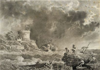 SUIVEUR DE JOSEPH VERNET (AVIGNON, 1714 - PARIS, 1789) Storm
shipwrecks Black stone,...