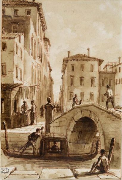 Victor Jean NICOLLE (Paris, 1754 - 1826) Venetian
scene Brown ink and wash
18 x 12.5...