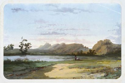 ALEXANDRE-AMÉDÉE DUPUY DE LA ROCHE (VERNAISON, 1819 - ROUEN, 1887) Lac avec figures
Gouache...