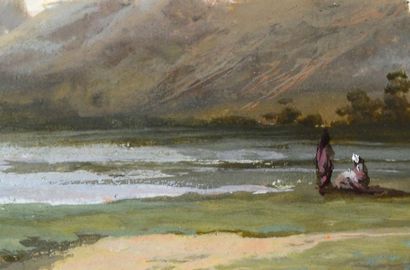 ALEXANDRE-AMÉDÉE DUPUY DE LA ROCHE (VERNAISON, 1819 - ROUEN, 1887) Lac avec figures
Gouache...